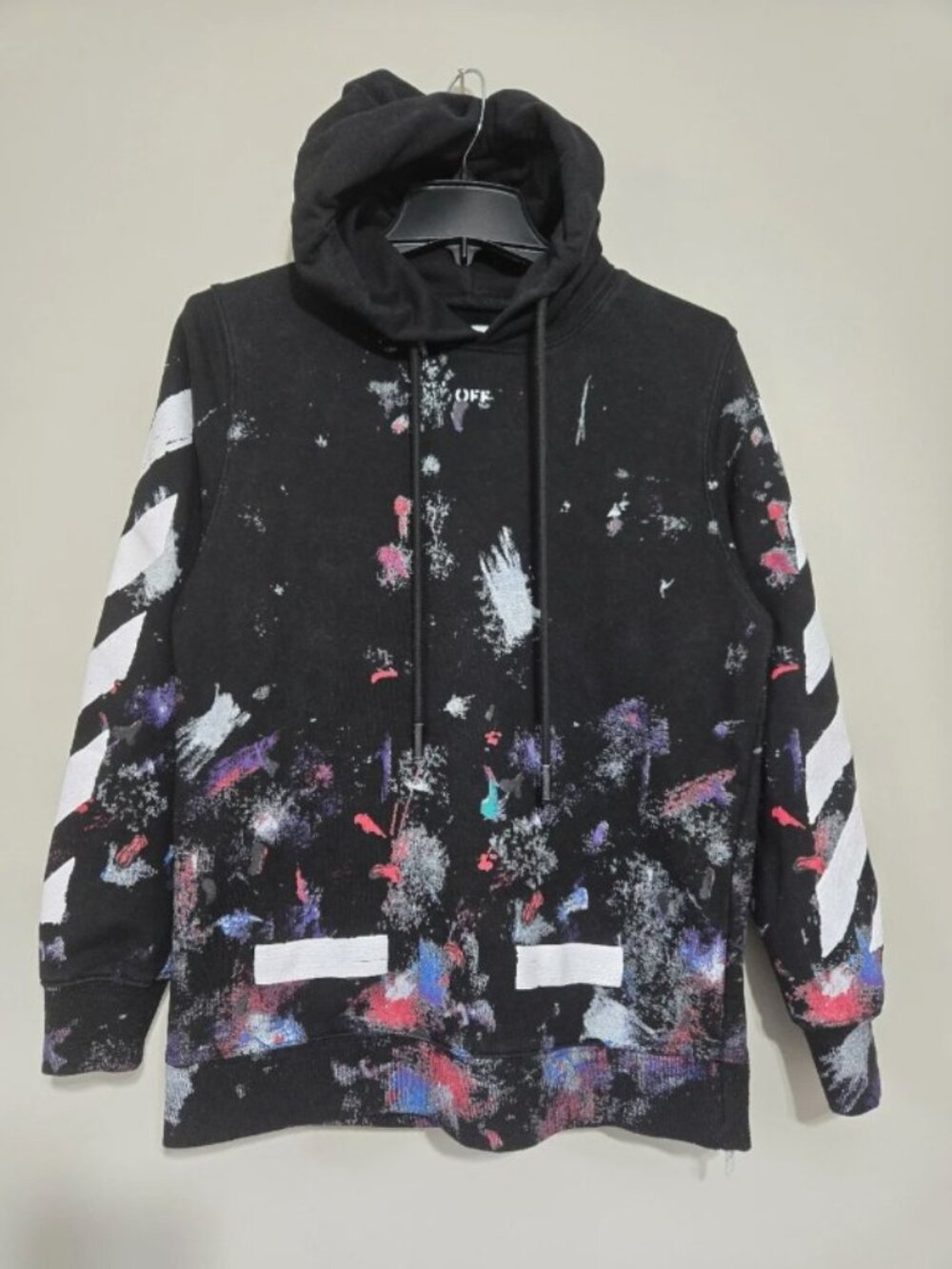 Off-White Virgil Abloh Paint Splatter Galaxy Hoodie Black Pullover Size S Unisex